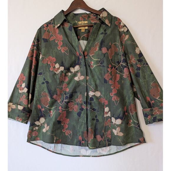 Investment Taylor Non Iron Button Down Shirt Size 18 Green Brown Floral Career‎ - Picture 1 of 8